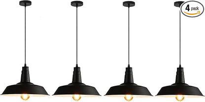 4 Pack Farmhouse Pendant Light Vintage Black, Kitchen Island Pendant Lighting 14 inch lampshade, Loft Metal Industrial Pendant Light, Adjustable Hanging E26 Light Fixtures, Bulbs Not Included