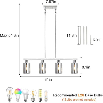 4-Light Kitchen Island Lighting, Chrome Dining Room Light Fixture/Island Light Over Table Hanging for Farmhouse Linear Chandeliers Rustic Ceiling Pendant Light Fixtures with Smoke Gray Glass Shade