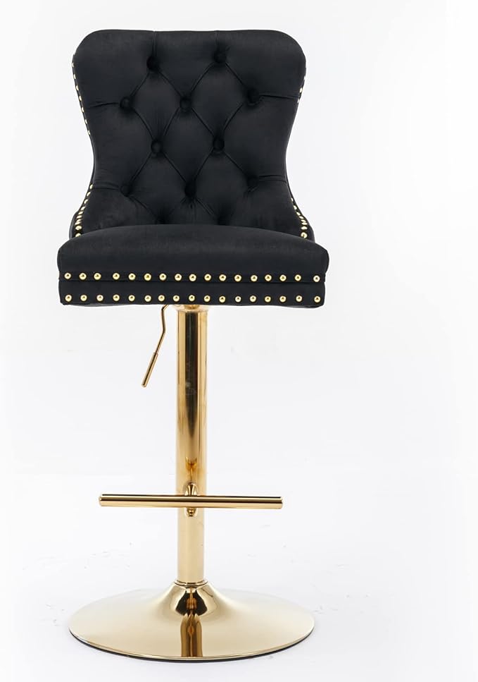 Thick Golden Swivel Velvet Bar stools Adjusatble Seat Height from 27 35 Inch, Upholstered Bar Stools with Backs Comfortable Tufted for Home Pub and Kitchen Island (Black,Set of 2)