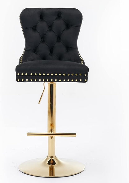 Thick Golden Swivel Velvet Bar stools Adjusatble Seat Height from 27 35 Inch, Upholstered Bar Stools with Backs Comfortable Tufted for Home Pub and Kitchen Island (Black,Set of 2)
