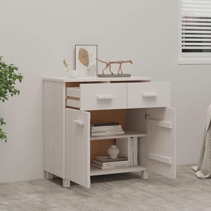 White Sideboard Buffet Cabinet 31.1 x 15.7 x 31.5 in Solid Pine Wood Matte Modern Storage Credenza with Drawers for Living Room Dining Kitchen