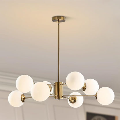 BOKT 8-Lights Large Gold Globe Chandelier Mid Century Modern Sputnik Light Fixture Brushed Brass Chandelier Ceiling Light White Glass Ball Sputnik Pendant Light