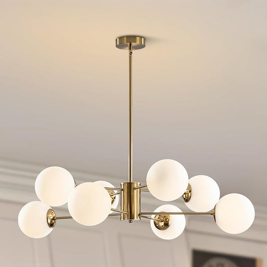 BOKT 8-Lights Large Gold Globe Chandelier Mid Century Modern Sputnik Light Fixture Brushed Brass Chandelier Ceiling Light White Glass Ball Sputnik Pendant Light