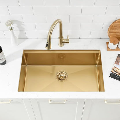 30 Inch Undermount Gold Kitchen Sink, Workstation 16 Gauge Stainless Steel Single Bowl Undermount Deep Kitchen Sink Basin