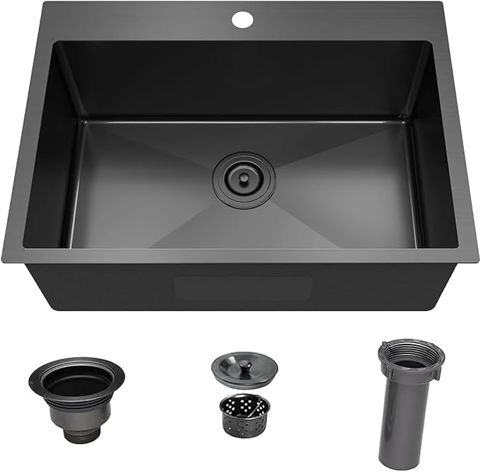 28x18 Inch Black Kitchen Sink, Topmount Drop In Stainless Steel Single Bowl Kitchen Sink, 16 Gauge Extra-Thick Modern Bar Prep RV Laundry Sinks with Mounting Brackets and Basket Strainer