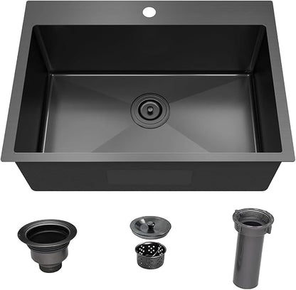 28x18 Inch Black Kitchen Sink, Topmount Drop In Stainless Steel Single Bowl Kitchen Sink, 16 Gauge Extra-Thick Modern Bar Prep RV Laundry Sinks with Mounting Brackets and Basket Strainer