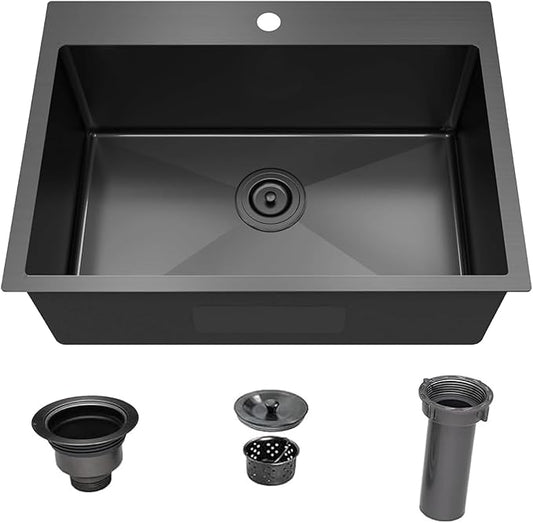28x18 Inch Black Kitchen Sink, Topmount Drop In Stainless Steel Single Bowl Kitchen Sink, 16 Gauge Extra-Thick Modern Bar Prep RV Laundry Sinks with Mounting Brackets and Basket Strainer