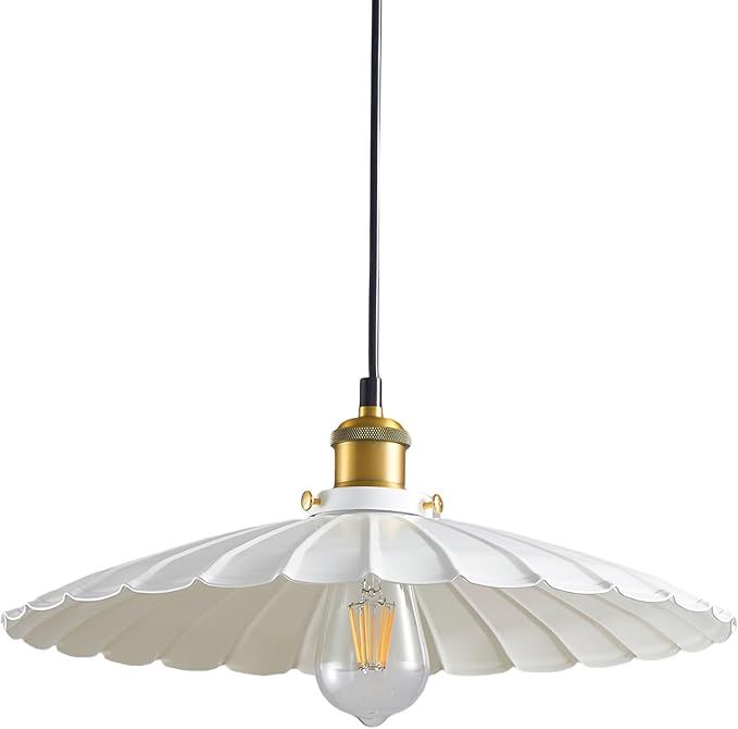 Pendant Light Fixture, White Farmhouse Vintage Pendant Light 15.7 Inch Lampshade with Adjustable Light Cord Kitchen Hanging Lights Retro Island Pendant Lights for Kitchen