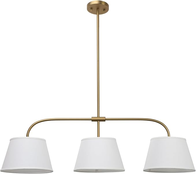 Pathson 3 Lights Brass Pendant Light with Fabric Lampshades, Rustic Cloth Pendant Lighting Lamp E26 Bulb Base, Flush Mounted Ceiling Chandeliers for Dining Room Kitchen Island Living Room