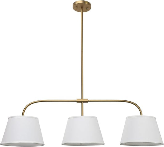 Pathson 3 Lights Brass Pendant Light with Fabric Lampshades, Rustic Cloth Pendant Lighting Lamp E26 Bulb Base, Flush Mounted Ceiling Chandeliers for Dining Room Kitchen Island Living Room