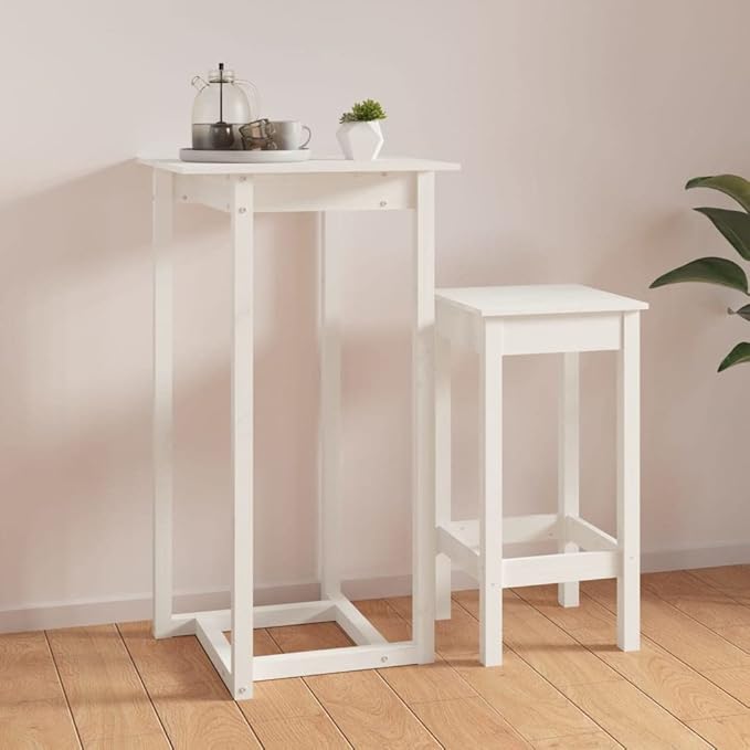 Rustic Solid Pine Wood Bar Table 23.6x23.6x43.3 Inches White Finish for Kitchen Dining Indoor Outdoor Use Heat Resistant Durable Build Simplistic Style