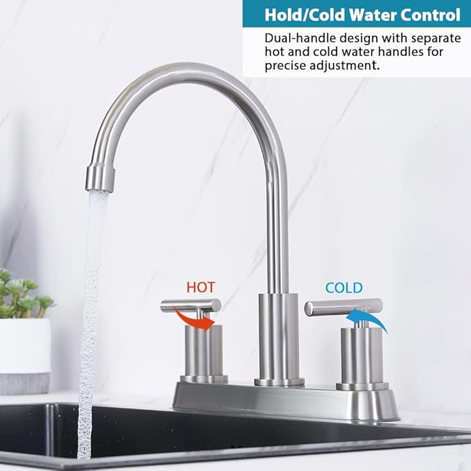 3 Hole Kitchen Faucet, Brushed Nickel Two Handles Kitchen Faucet, RV Kitchen Sink Faucet, 3 Hole or 4 Holel Faucet for Kitchen Sink TDLKF024W-L