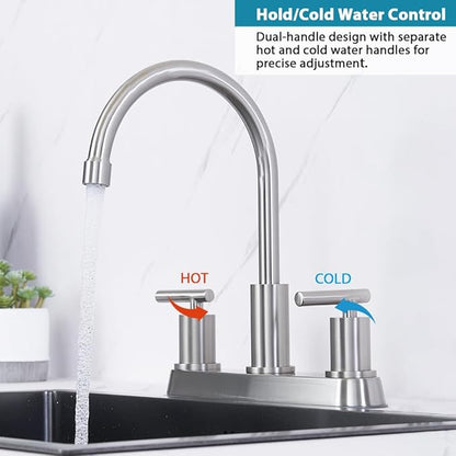 3 Hole Kitchen Faucet, Brushed Nickel Two Handles Kitchen Faucet, RV Kitchen Sink Faucet, 3 Hole or 4 Holel Faucet for Kitchen Sink TDLKF024W-L