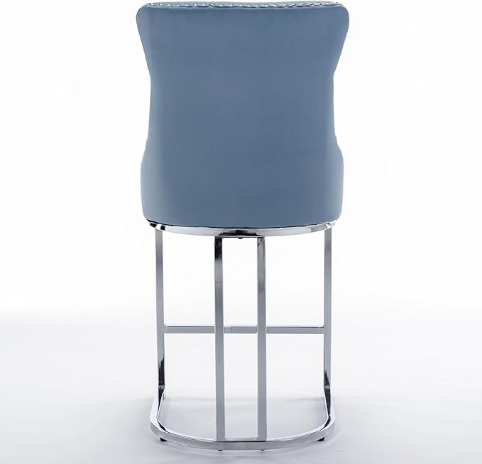 26" Counter Height Bar Stools Set of 2, Velvet Bar stools with Button BackRivet Trim Upholstered Kitchen Island Chairs with Sturdy Chromed Metal Base Legs Bar Stools,Light Blue,2 Pack