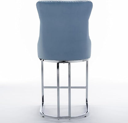 26" Counter Height Bar Stools Set of 2, Velvet Bar stools with Button BackRivet Trim Upholstered Kitchen Island Chairs with Sturdy Chromed Metal Base Legs Bar Stools,Light Blue,2 Pack