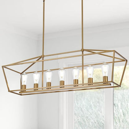 VINLUZ Gold Chandelier, Modern 7 Lights Metal Light Fixture for Dining Room Farmhouse Metal Kitchen Island Lighting Large Rectangle Hanging Pendant Lighting for Living Room Foyer Bedroom