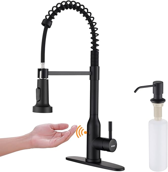 Black Touchless Kitchen Faucet ， KEER Smart Motion Sensor Hands Free Single Handle Spring Kitchen Sink Faucet with Pull Down Sprayer