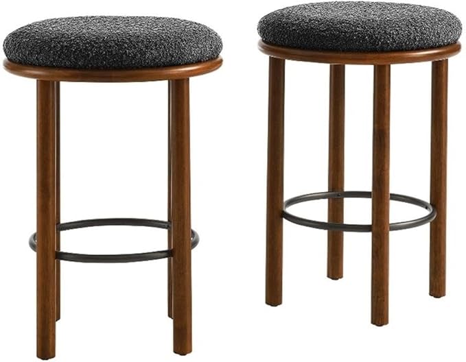 Modway Fable 26 Inch Backless Counter Stools Set of 2 in Walnut Charcoal - Kitchen Stools Counter Height - 2Pcs Upholstered Padded Boucle Seat for Kitchen Counter or Island with Wood Legs and Footrest