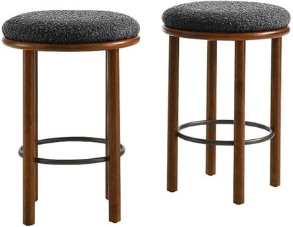 Modway Fable 26 Inch Backless Counter Stools Set of 2 in Walnut Charcoal - Kitchen Stools Counter Height - 2Pcs Upholstered Padded Boucle Seat for Kitchen Counter or Island with Wood Legs and Footrest