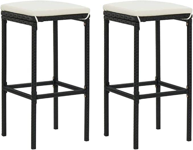 3-Piece Bar Table Set with Stools Black PE Rattan Bistro Set Indoor Outdoor, Steel Frame Furniture with Acacia Wood Tabletop and Cream Cushions for Kitchen Dining Living Room