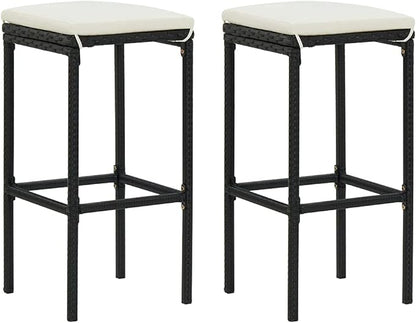 3-Piece Bar Table Set with Stools Black PE Rattan Bistro Set Indoor Outdoor, Steel Frame Furniture with Acacia Wood Tabletop and Cream Cushions for Kitchen Dining Living Room