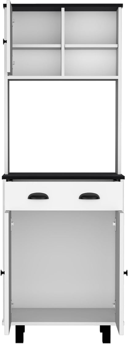67" H Kitchen Pantry, Storage Cabinet with 2 Cabinets, 2 Open Shelves and 1 Drawer, White+Black, Easy to Maintain, for Dining Room