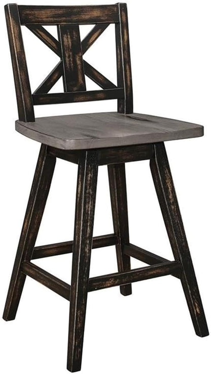 Lexicon Counter Height Stools Set of 2-Solid Wood Frame 360° Swivel Wooden Stools, Foot Rest, X Back, Wide Seat, Distressed Farmhouse Easy to Clean Finish, 24" SH, Antique Black/Grey