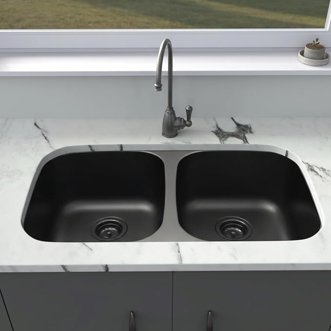 LQS 32 Inch Black Kitchen Sink, Double Bowl Kitchen Sink, Undermount Kitchen Sink Stainless Steel, Black Oval Kitchen Sink with Sleek Roun Corner for Easy Cleaning and Two Sink Strainers