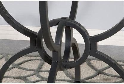 Pemberly Row 48" Round Contemporary Metal Dining Table, Clear Tempered Glass Top, Gunmetal Finish, Stylish Interlocking Ring Base, Chic Transitional Design for Breakfast Nook or Eat-in Kitchen