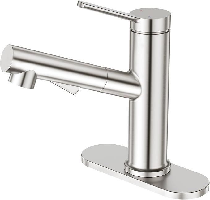 Faustina Single Hole Bathroom Faucet with Pull Out Sprayer, Brushed Finish Bathroom Sink Faucet for Vanity or Laundry, Stainless Steel 1 Handle with Deck Plate for 1 or 3 Hole