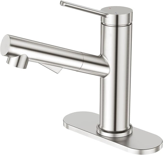 Faustina Single Hole Bathroom Faucet with Pull Out Sprayer, Brushed Finish Bathroom Sink Faucet for Vanity or Laundry, Stainless Steel 1 Handle with Deck Plate for 1 or 3 Hole