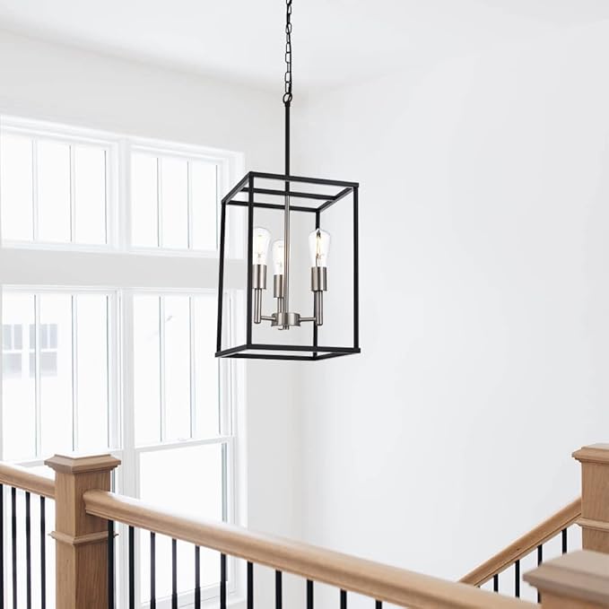 VINLUZ 3 Lights Lantern Kitchen Island Pendant Lighting in Black and Brushed Nickel Finish, Industrial Hanging Lantern Chandelier for Dining Room Living Room Adjustable Height
