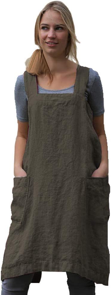 Larmliss Women's Pinafore Square Apron Baking Cooking Gardening Works Cross Back Cotton/Linen Blend Dress with 2 Pockets