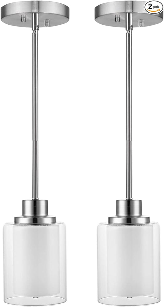 1-Light Mini Pendant Light Fixtures, 2-Pack Modern Hanging Ceiling Light, Adjustable Height, Brushed Nickel Pendant Lighting with Dual Glass for Kitchen Hallway