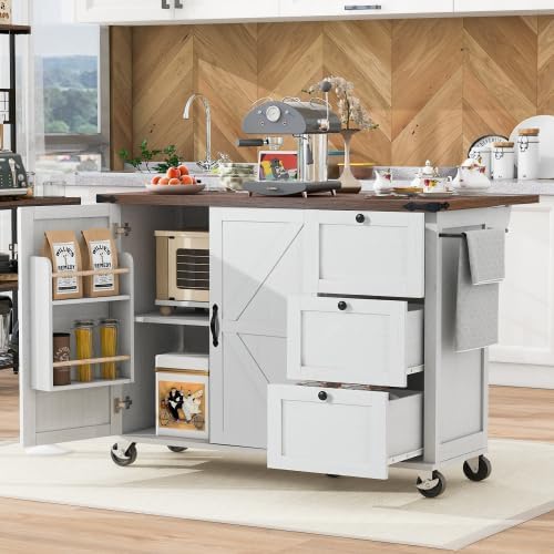 Kitchen Island Cart with Internal Storage Rack, 54.5'' Rolling Kitchen Island Table with Power Outlet, Drop Leaf, Spice/Towel Rack and Drawer, Mobile Kitchen Islands with Storage on Wheels (White)
