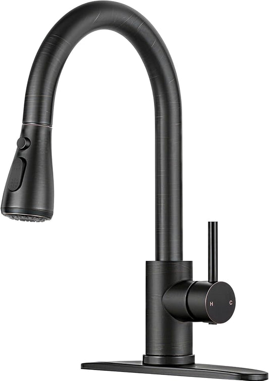Kitchen Faucet with Pull Down Sprayer - ORB Single Handle Kitchen Faucets, High Arc Stainless Steel Pull Out Kitchen Sink Faucet with Deck for RV Laundry Farmhouse Bar