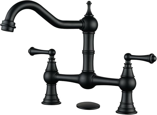 WOWOW Black Bridge Kitchen Faucet 2 or 3 Hole Antique Brass Bridge Faucet 2 Handle 8 Inch Centerset Farmhouse Kitchen Sink Faucet 360° Swivel Vintage Tap