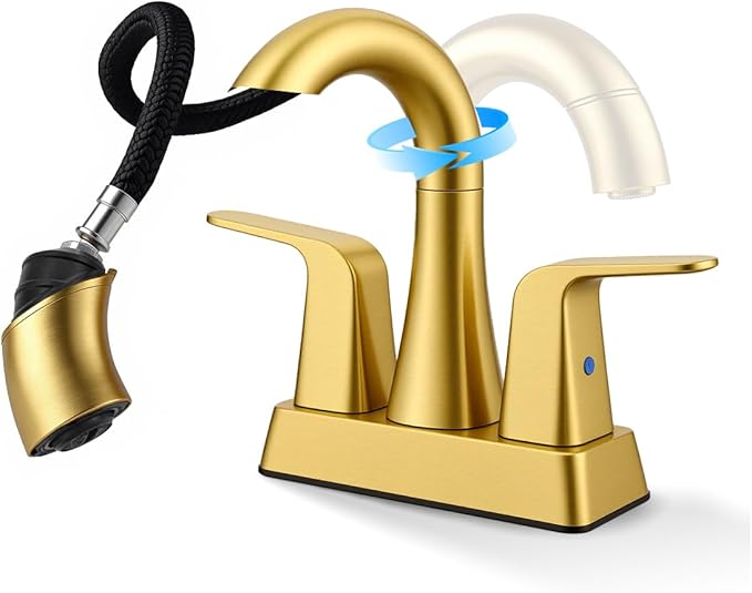 Brushed Gold Bathroom Faucet 4 Inch Centerset 3 Hole, 2 Handle Faucet with Heat-Resistant Pull-Out Sprayer, 360° Swivel Spout & Pop-Up Drain, BF-116B