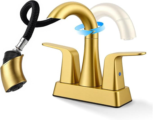 Brushed Gold Bathroom Faucet 4 Inch Centerset 3 Hole, 2 Handle Faucet with Heat-Resistant Pull-Out Sprayer, 360° Swivel Spout & Pop-Up Drain, BF-116B
