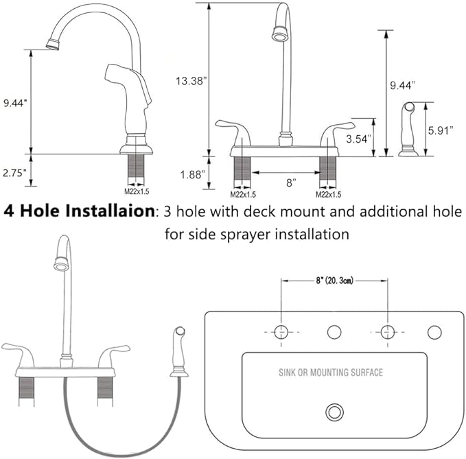 SHACO Kitchen Faucet with Side Sprayer, 2 Handle Kitchen Sink Faucet with Water Supply Line, Brushed Nickel 360 Swivel Kitchen Faucet for Sink 3 Hole 4 Hole, SC-SLYT004L-S new13