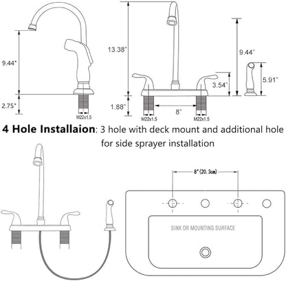 SHACO Kitchen Faucet with Side Sprayer, 2 Handle Kitchen Sink Faucet with Water Supply Line, Brushed Nickel 360 Swivel Kitchen Faucet for Sink 3 Hole 4 Hole, SC-SLYT004L-S new13