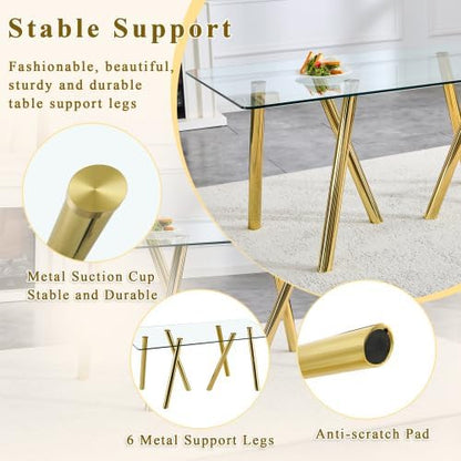 Donext 71" Rectangular Tempered Glass Dining Table, Sturdy Metal Legs, Modern Kitchen Dining Room Table, Easy to Clean, Gold