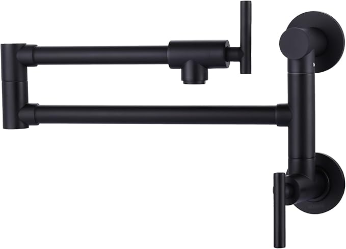 WOWOW Pot Filler Faucet Black: Single Hole Wall Mount Stove Faucet, Brass Pot Filler Two Attachment with Double Joint Swing Arms