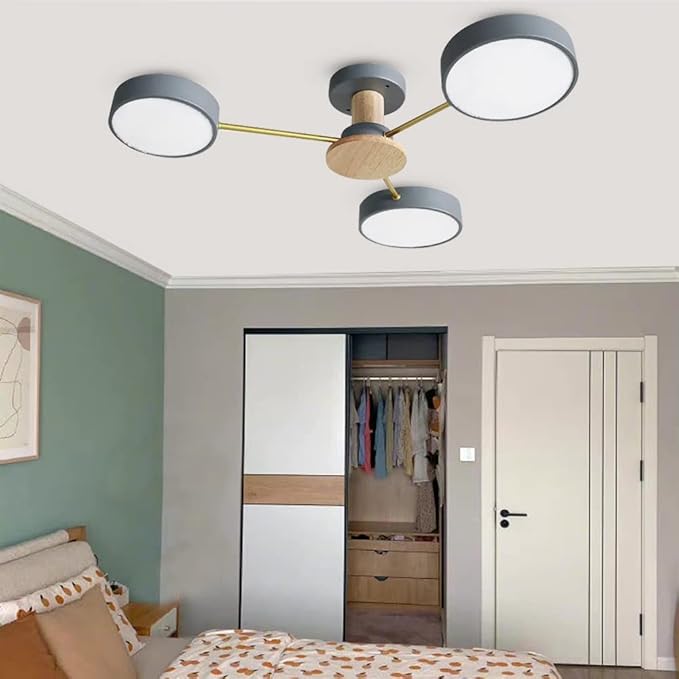 LED Ceiling Light Fixture,26 Inch 3-Lights Modern Ceiling Lights Flush Mount Wooden 24W Dimmable Chandelier for Living Room Bedroom Kitchen,3000K/4000K/6000K Temperatures Selectable Grey