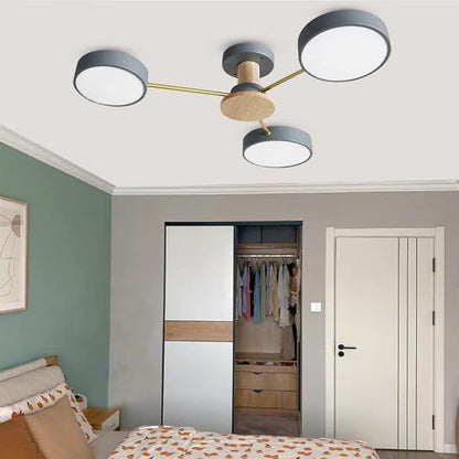 LED Ceiling Light Fixture,26 Inch 3-Lights Modern Ceiling Lights Flush Mount Wooden 24W Dimmable Chandelier for Living Room Bedroom Kitchen,3000K/4000K/6000K Temperatures Selectable Grey