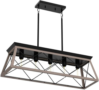 Farmhouse Chandeliers for Dining Room, Rustic Kitchen Island Light Fixture, 5-Light Linear Pendant Lighting Rectangular Chandelier, Metal Solid Ceiling Lights