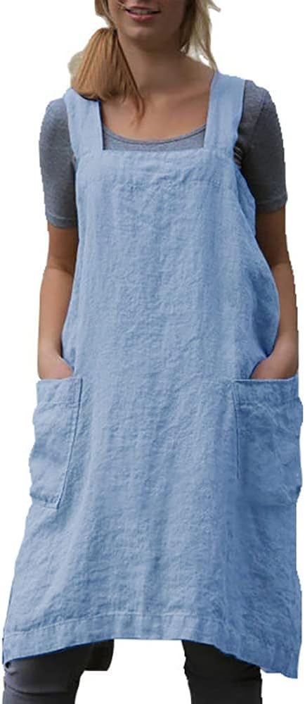 Apron for Womens Cotton Linen Apron Cross Back with Pockets Pinafore Dress for Cooking