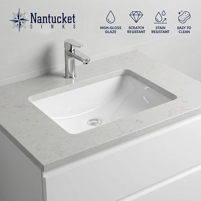 Nantucket Sinks UM-159-W Small Undermount Bathroom Sink – 15" x 9" Interior Rectangular Bowl, Ceramic Bath Sink for Vanity, w Overflow, High Gloss White Vitreous China, Scratch & Stain Resistant