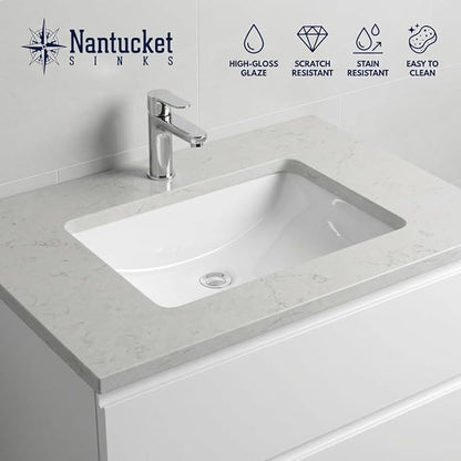 Nantucket Sinks UM-159-W Small Undermount Bathroom Sink – 15" x 9" Interior Rectangular Bowl, Ceramic Bath Sink for Vanity, w Overflow, High Gloss White Vitreous China, Scratch & Stain Resistant