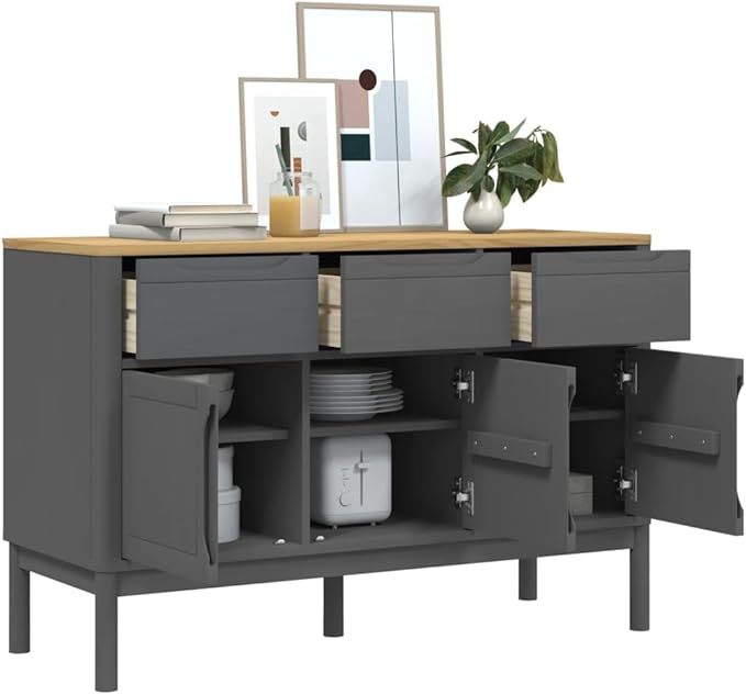Grey Pine Sideboard Buffet Cabinet 44.9x29.1 in Solid Wood Matte Sideboard Cabinet with Doors and Drawers for Dining Room Living Room or Corner Coffee Bar Storage
